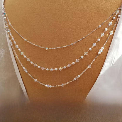 Silver Alloy Body Chain For Women Featuring Pearl Pattern And Electroplated Finish With White Crystal Inlay