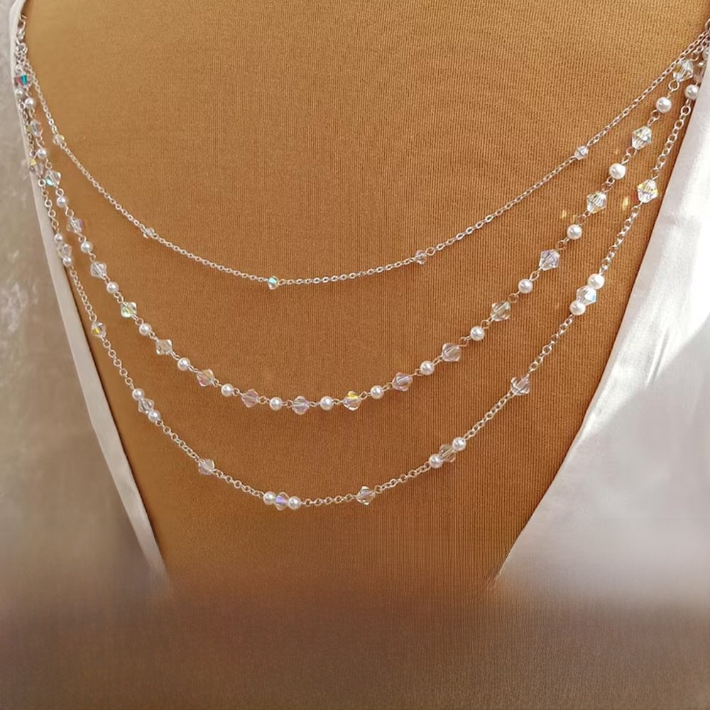 Silver Alloy Body Chain For Women Featuring Pearl Pattern And Electroplated Finish With White Crystal Inlay