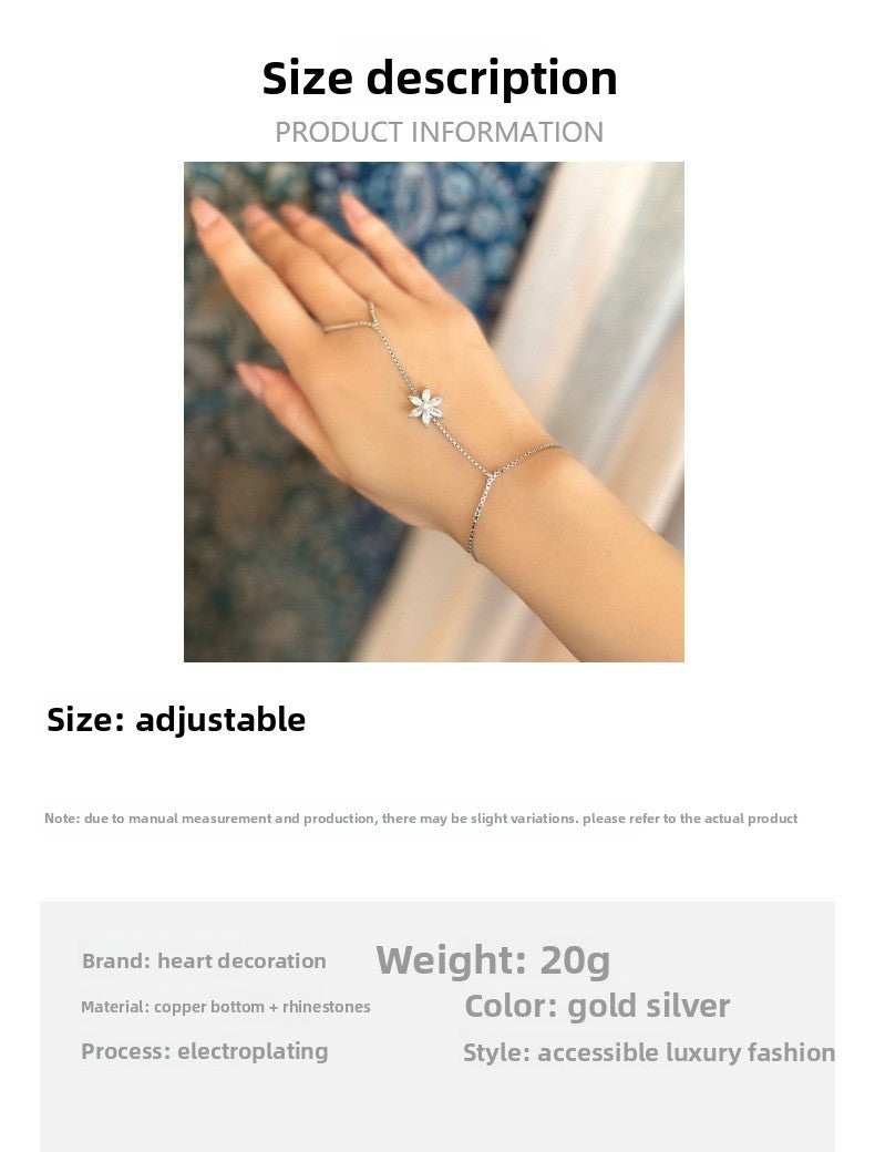 Silver Flowers Hand Chain Bracelet For Women In Electroplated Alloy With Zircon Inlay