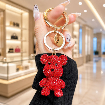 Christmas Bear Key Chain In Red Featuring Rhinestone Embellishments, Perfect Bag Charm Accessory
