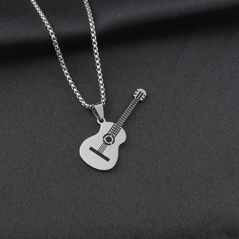 Guitar Pendant Necklace In 304 Stainless Steel Featuring Hip-Hop Style For Unisex Wear, Available In Steel Color