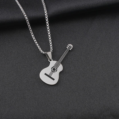 Guitar Pendant Necklace In 304 Stainless Steel Featuring Hip-Hop Style For Unisex Wear, Available In Steel Color