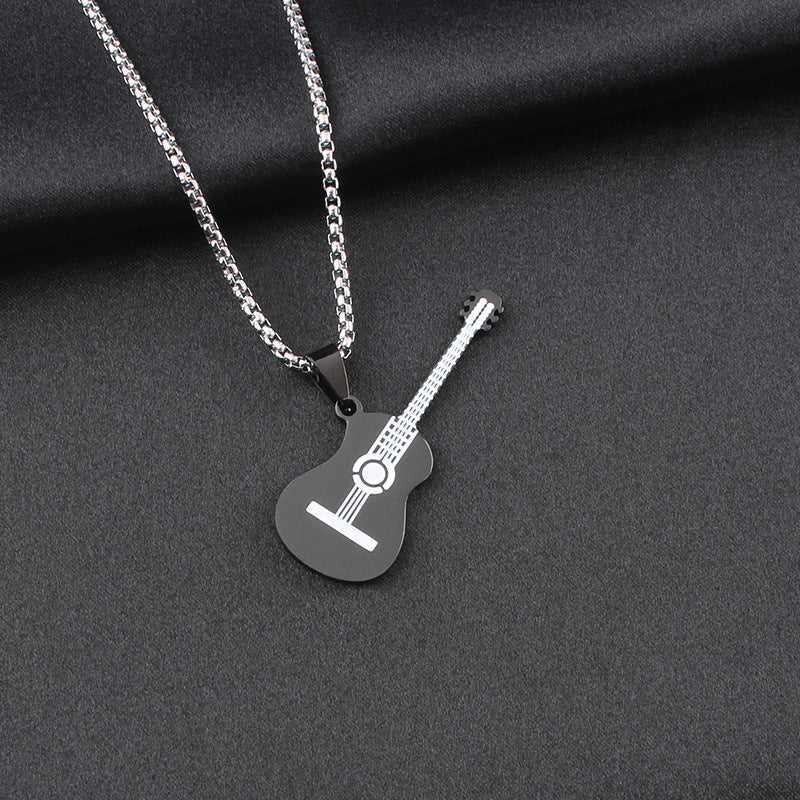 Guitar Pendant Necklace In 304 Stainless Steel Featuring Hip-Hop Style For Unisex Wear, Available In Steel Color