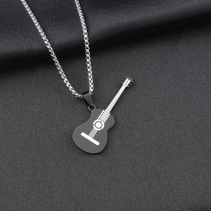 Guitar Pendant Necklace In 304 Stainless Steel Featuring Hip-Hop Style For Unisex Wear, Available In Steel Color