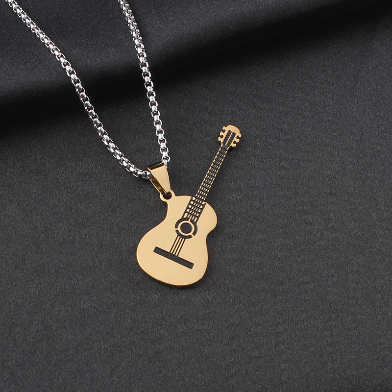 Guitar Pendant Necklace In 304 Stainless Steel Featuring Hip-Hop Style For Unisex Wear, Available In Steel Color