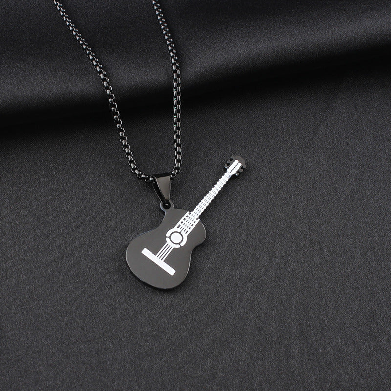 Guitar Pendant Necklace In 304 Stainless Steel Featuring Hip-Hop Style For Unisex Wear, Available In Steel Color