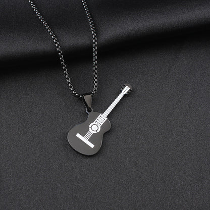Guitar Pendant Necklace In 304 Stainless Steel Featuring Hip-Hop Style For Unisex Wear, Available In Steel Color
