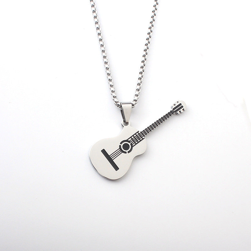 Guitar Pendant Necklace In 304 Stainless Steel Featuring Hip-Hop Style For Unisex Wear, Available In Steel Color