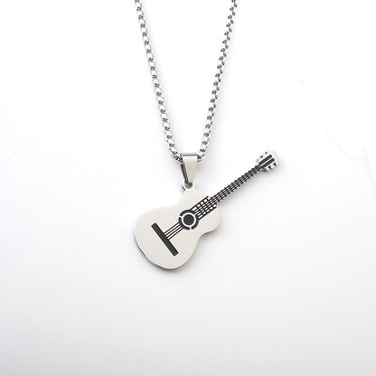Guitar Pendant Necklace In 304 Stainless Steel Featuring Hip-Hop Style For Unisex Wear, Available In Steel Color