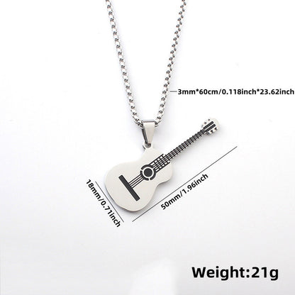 Guitar Pendant Necklace In 304 Stainless Steel Featuring Hip-Hop Style For Unisex Wear, Available In Steel Color