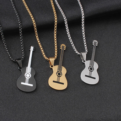 Guitar Pendant Necklace In 304 Stainless Steel Featuring Hip-Hop Style For Unisex Wear, Available In Steel Color