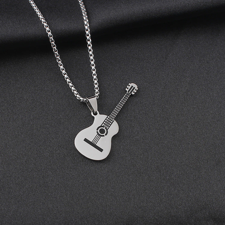 Guitar Pendant Necklace In 304 Stainless Steel Featuring Hip-Hop Style For Unisex Wear, Available In Steel Color