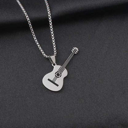 Guitar Pendant Necklace In 304 Stainless Steel Featuring Hip-Hop Style For Unisex Wear, Available In Steel Color