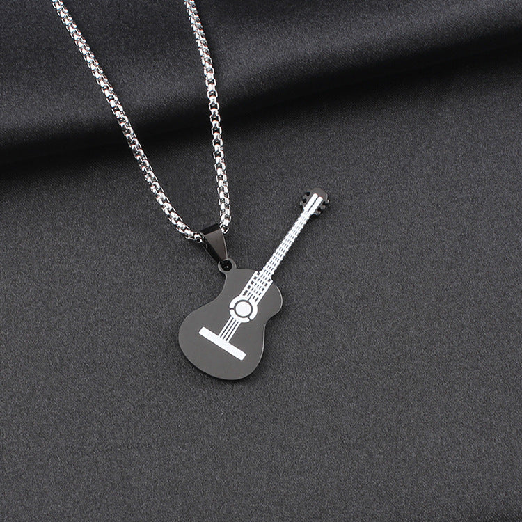 Guitar Pendant Necklace In 304 Stainless Steel Featuring Hip-Hop Style For Unisex Wear, Available In Steel Color