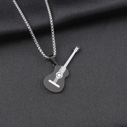 Guitar Pendant Necklace In 304 Stainless Steel Featuring Hip-Hop Style For Unisex Wear, Available In Steel Color