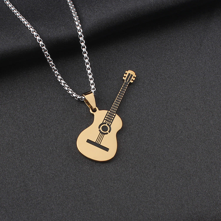 Guitar Pendant Necklace In 304 Stainless Steel Featuring Hip-Hop Style For Unisex Wear, Available In Steel Color