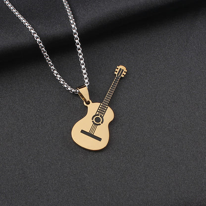 Guitar Pendant Necklace In 304 Stainless Steel Featuring Hip-Hop Style For Unisex Wear, Available In Steel Color