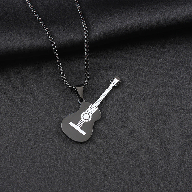 Guitar Pendant Necklace In 304 Stainless Steel Featuring Hip-Hop Style For Unisex Wear, Available In Steel Color