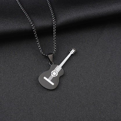 Guitar Pendant Necklace In 304 Stainless Steel Featuring Hip-Hop Style For Unisex Wear, Available In Steel Color