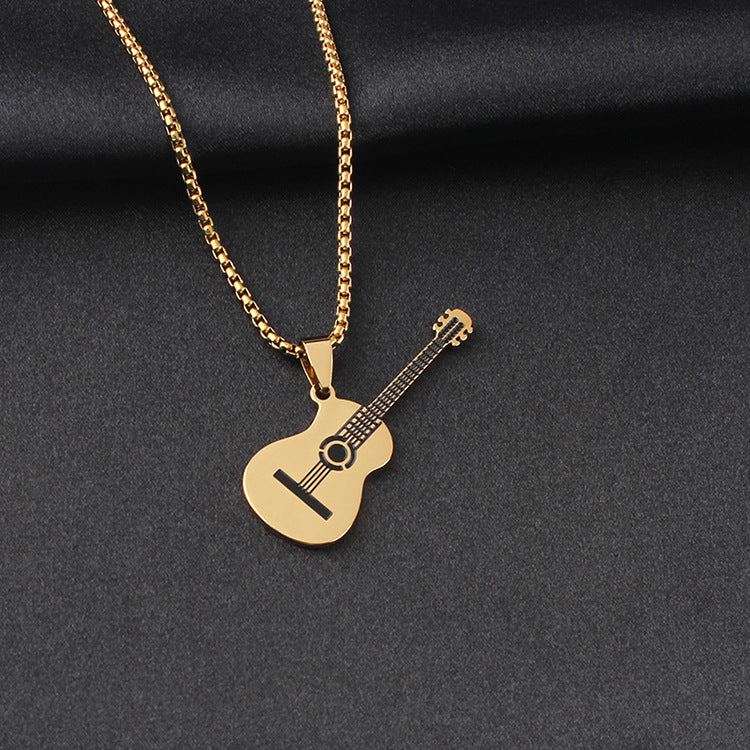 Guitar Pendant Necklace In 304 Stainless Steel Featuring Hip-Hop Style For Unisex Wear, Available In Steel Color