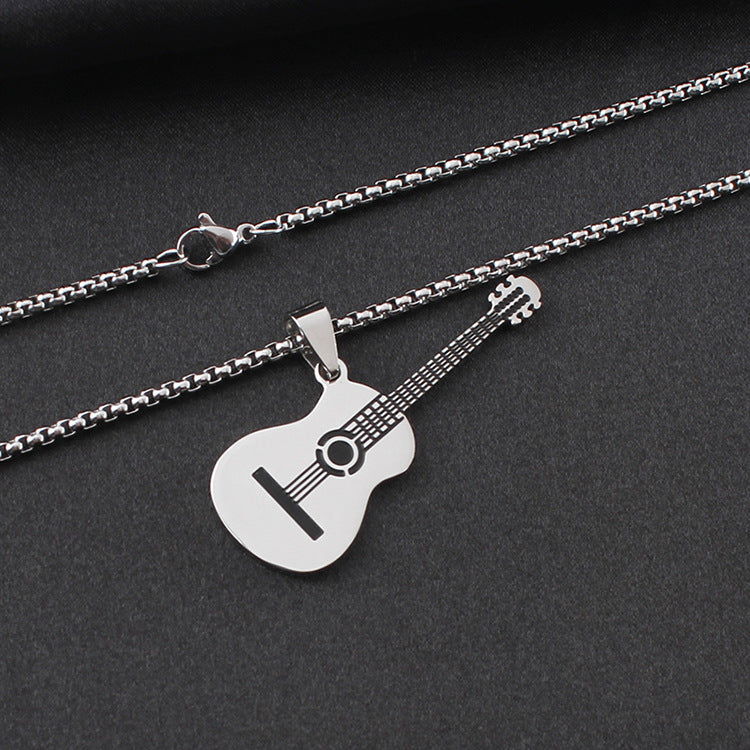 Guitar Pendant Necklace In 304 Stainless Steel Featuring Hip-Hop Style For Unisex Wear, Available In Steel Color