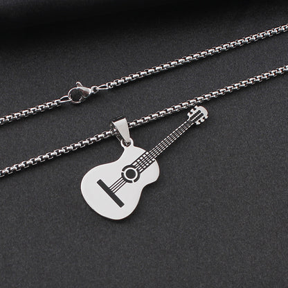 Guitar Pendant Necklace In 304 Stainless Steel Featuring Hip-Hop Style For Unisex Wear, Available In Steel Color