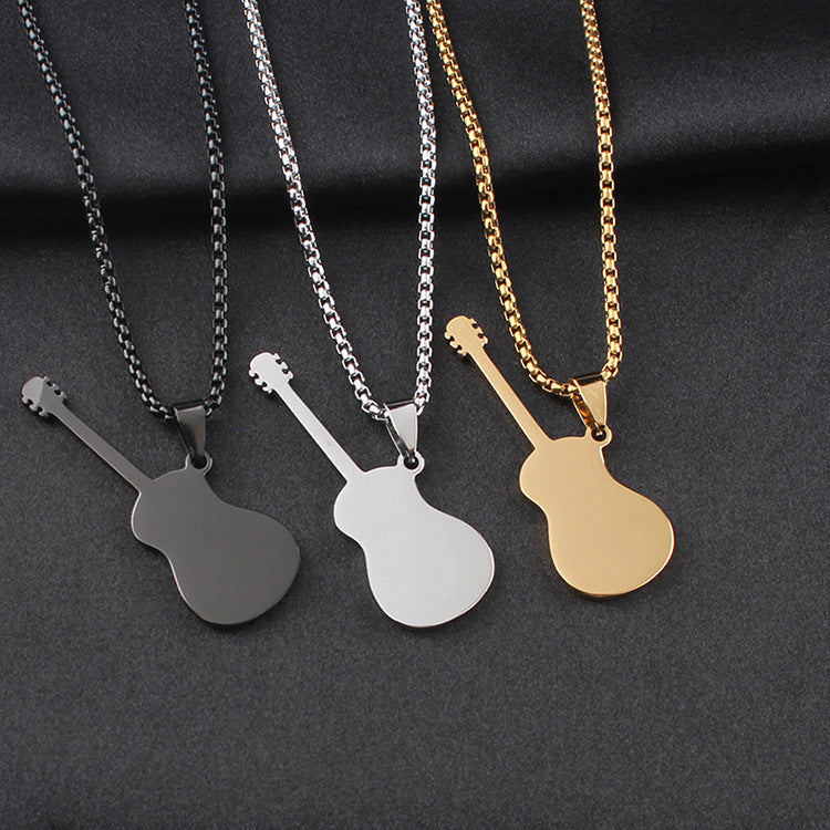 Guitar Pendant Necklace In 304 Stainless Steel Featuring Hip-Hop Style For Unisex Wear, Available In Steel Color