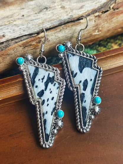 Bohemian Cow Pattern Drop Earrings For Women In White Zinc Alloy With Turquoise Inlay