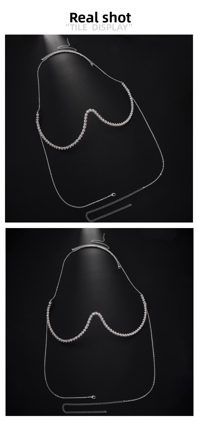 Silver Body Chain For Women Featuring Lightning Pattern With White Crystal Rhinestones, Perfect Wedding Chest Accessory
