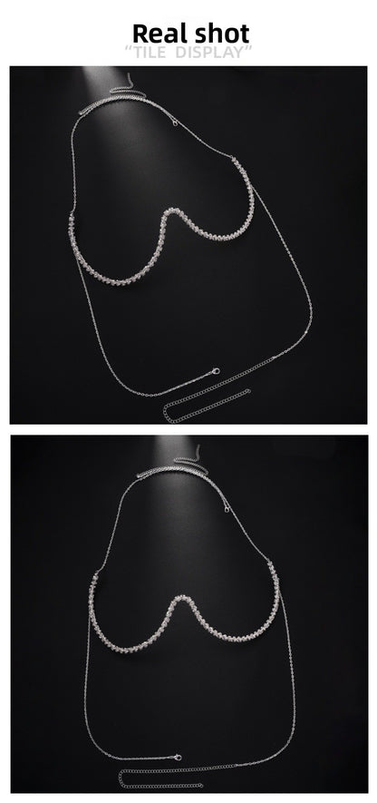 Silver Body Chain For Women Featuring Lightning Pattern With White Crystal Rhinestones, Perfect Wedding Chest Accessory