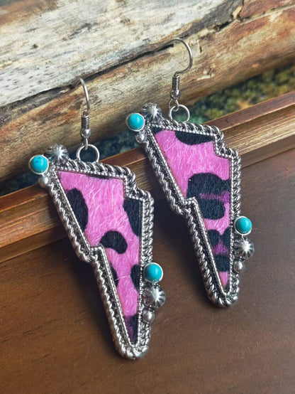 Bohemian Cow Pattern Drop Earrings For Women In White Zinc Alloy With Turquoise Inlay