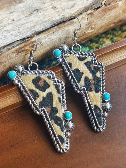 Bohemian Cow Pattern Drop Earrings For Women In White Zinc Alloy With Turquoise Inlay