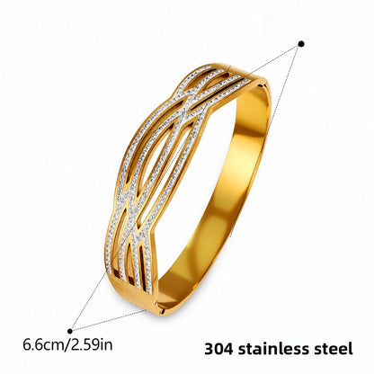 Waves Simple Style Bangle For Women In Titanium Steel With Electroplated Gold Plating And Zircon Inlay