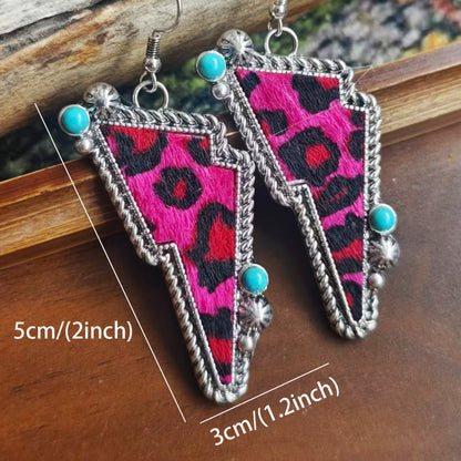 Bohemian Cow Pattern Drop Earrings For Women In White Zinc Alloy With Turquoise Inlay