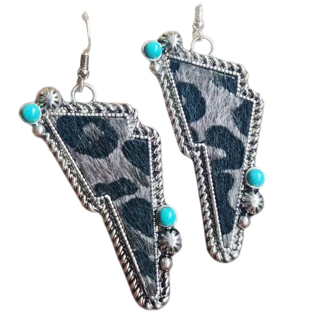 Bohemian Cow Pattern Drop Earrings For Women In White Zinc Alloy With Turquoise Inlay