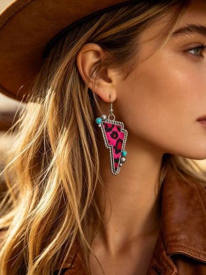 Bohemian Cow Pattern Drop Earrings For Women In White Zinc Alloy With Turquoise Inlay