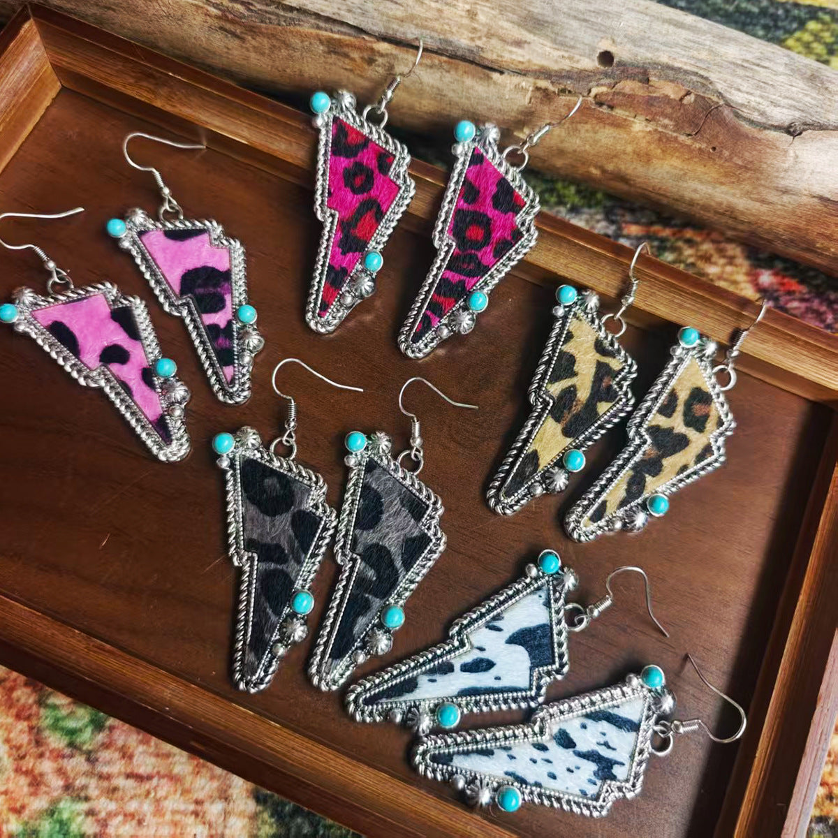 Bohemian Cow Pattern Drop Earrings For Women In White Zinc Alloy With Turquoise Inlay