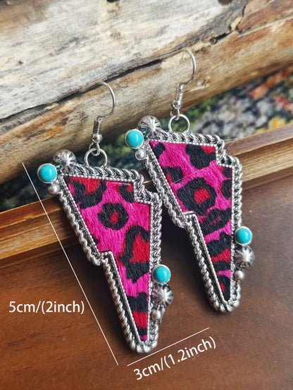 Bohemian Cow Pattern Drop Earrings For Women In White Zinc Alloy With Turquoise Inlay
