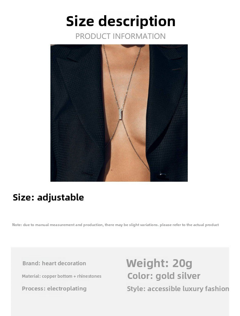 Silver Alloy Body Chain For Women Featuring Geometric Pattern With White Crystal Inlay And Electroplated Finish