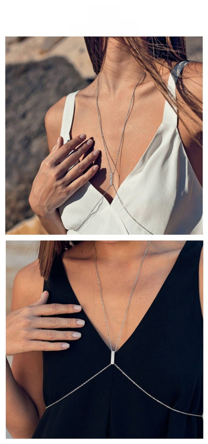 Silver Alloy Body Chain For Women Featuring Geometric Pattern With White Crystal Inlay And Electroplated Finish