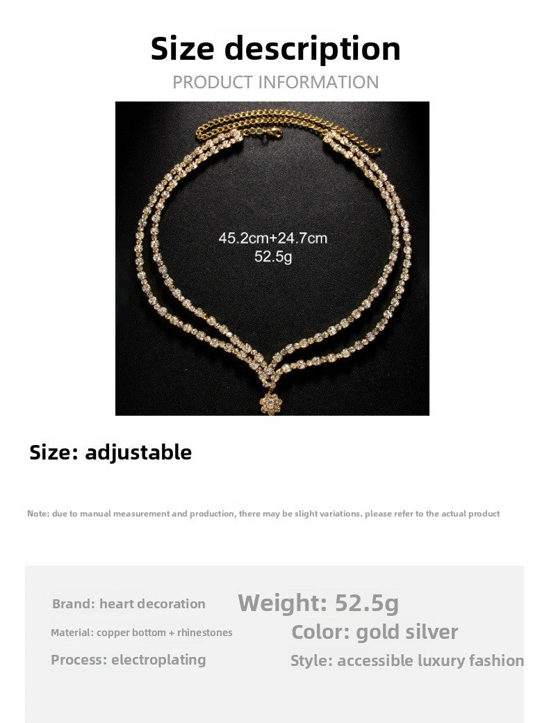 Simple Style Double Layer Necklace For Women With Gold Alloy Flowers Pendant Featuring Rhinestones Inlay