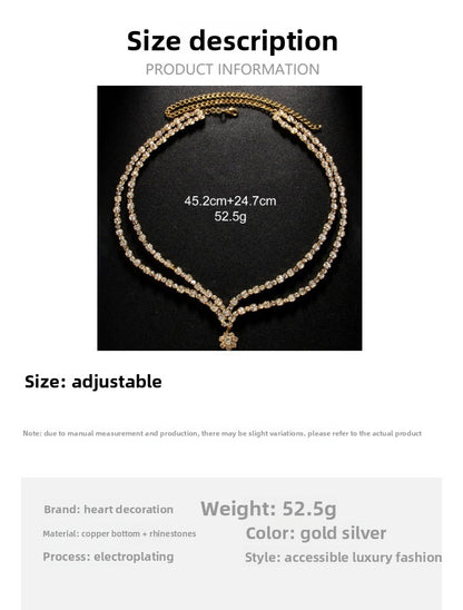 Simple Style Double Layer Necklace For Women With Gold Alloy Flowers Pendant Featuring Rhinestones Inlay