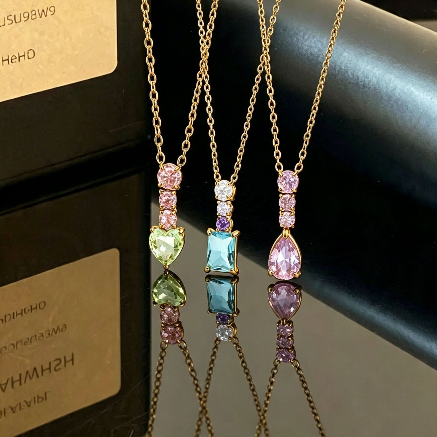 Water Droplets Pendant Necklace In Titanium Steel With Zircon Inlay, PVD Coated Chain For Women