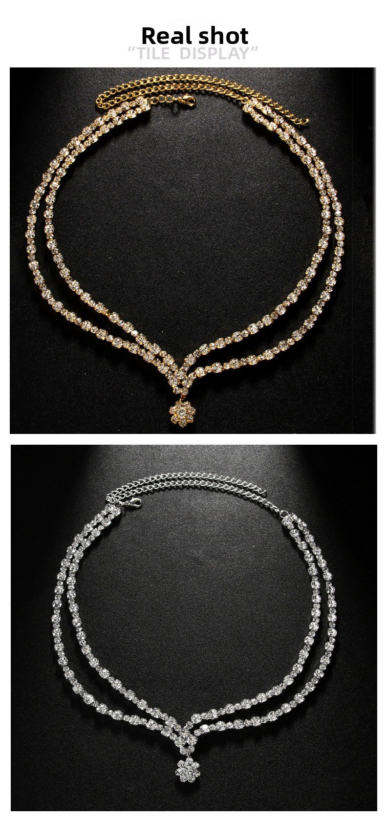 Simple Style Double Layer Necklace For Women With Gold Alloy Flowers Pendant Featuring Rhinestones Inlay