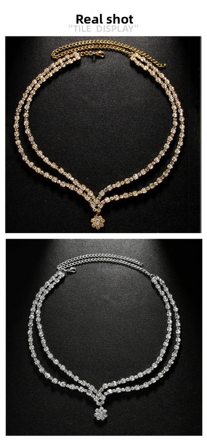 Simple Style Double Layer Necklace For Women With Gold Alloy Flowers Pendant Featuring Rhinestones Inlay