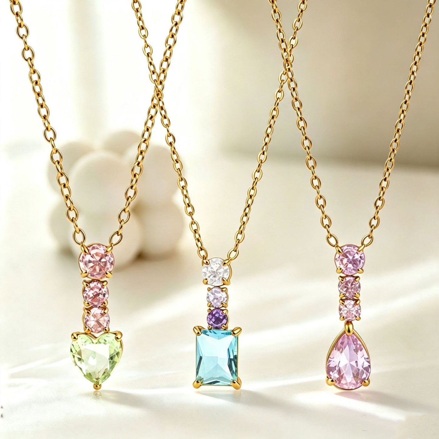 Water Droplets Pendant Necklace In Titanium Steel With Zircon Inlay, PVD Coated Chain For Women