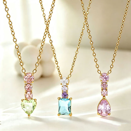 Water Droplets Pendant Necklace In Titanium Steel With Zircon Inlay, PVD Coated Chain For Women