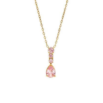 Water Droplets Pendant Necklace In Titanium Steel With Zircon Inlay, PVD Coated Chain For Women