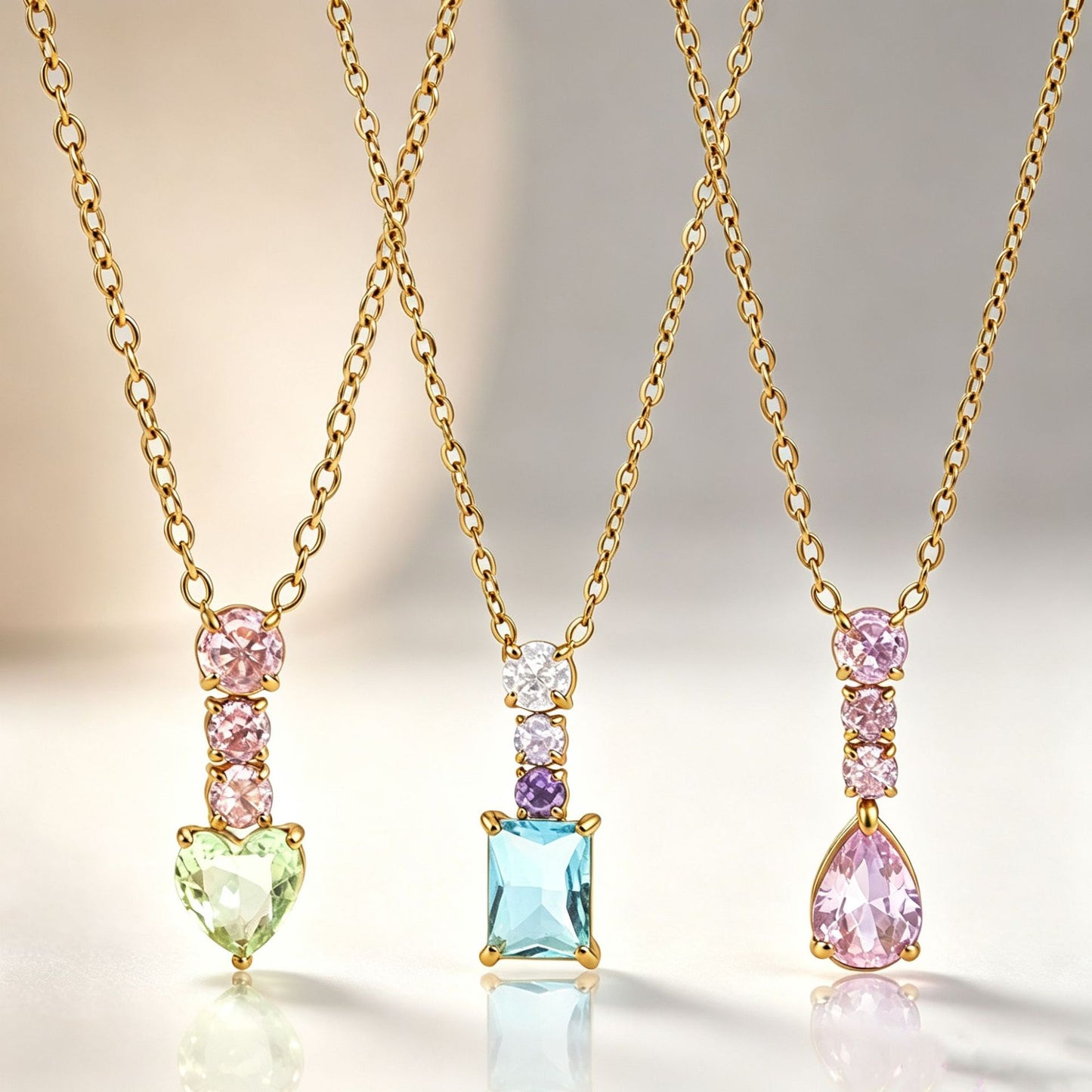 Water Droplets Pendant Necklace In Titanium Steel With Zircon Inlay, PVD Coated Chain For Women