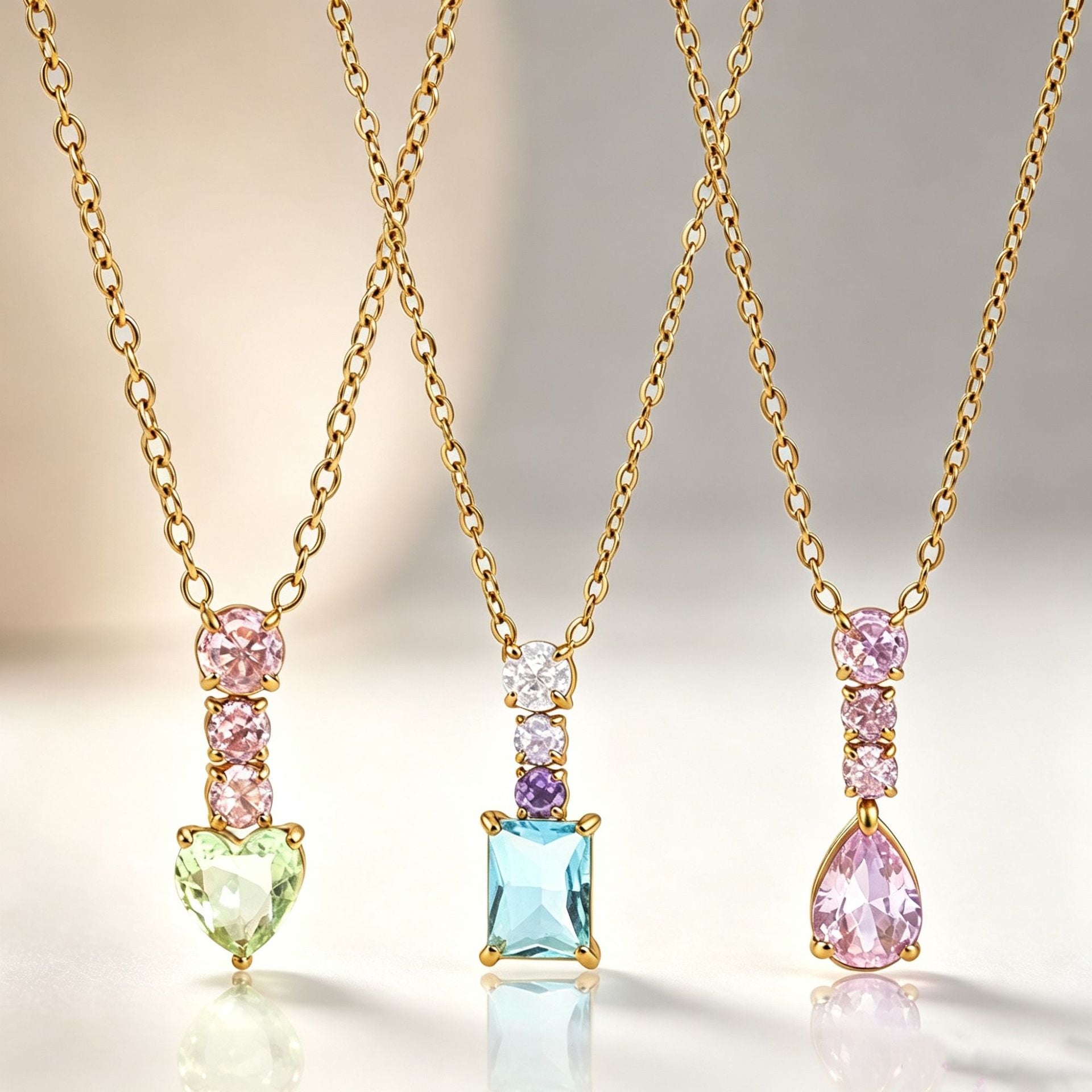 Water Droplets Pendant Necklace In Titanium Steel With Zircon Inlay, PVD Coated Chain For Women